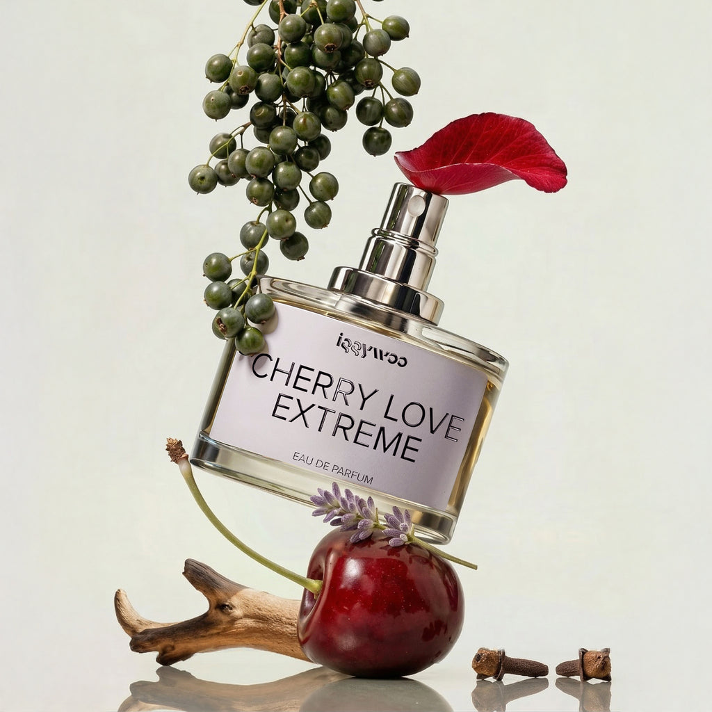 Perfume bottle labeled 'Cherry Love Extreme' with decorative elements on a light background