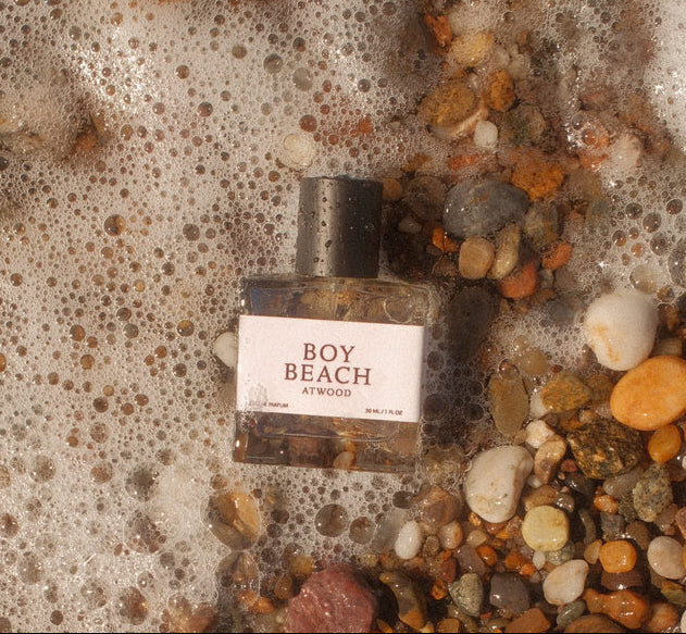A rectangular glass perfume bottle labeled 'BOY BEACH BY ALEXANDER' with a black cap, lying on a bed of wet river stones and sea foam. The bottle is surrounded by white sea foam and multicolored pebbles.