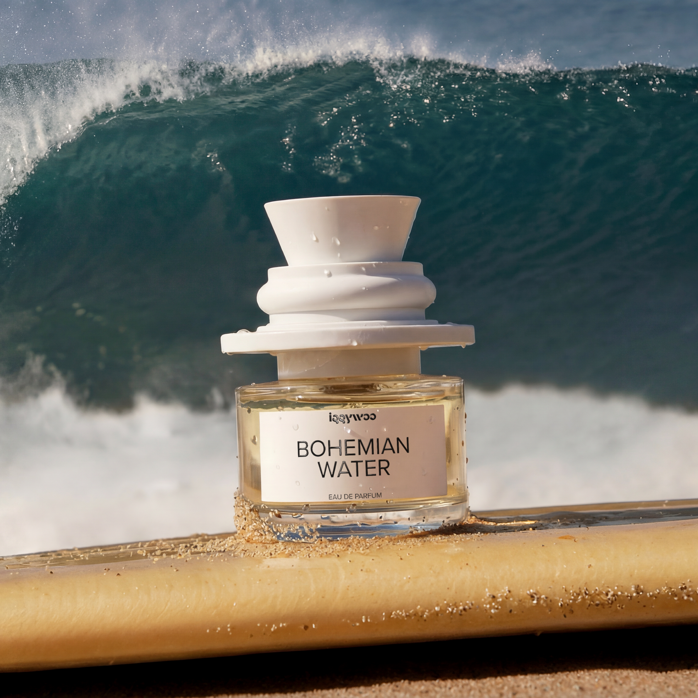 A perfume bottle labeled 'bohemian water' by the brand 'kaywa' sits on a sandy beach with a large ocean wave crashing in the background.