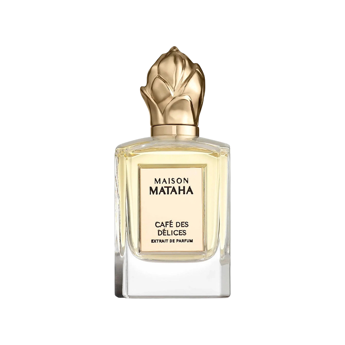 Maison Mataha Café des Délices Extrait de Parfum in a clear glass bottle with a gold cap and cream label, on a white background.