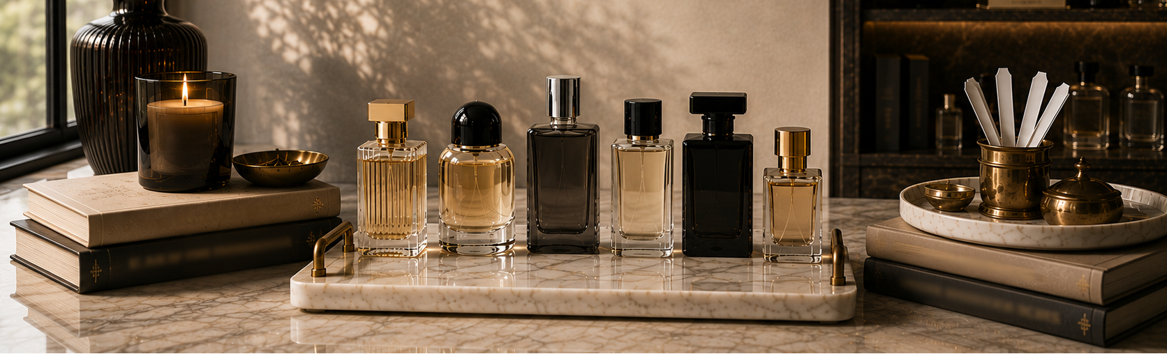 A set of six perfume bottles in various glass and dark materials arranged on a marble tray on a wooden table, with a window, candle, and shelving in the background.