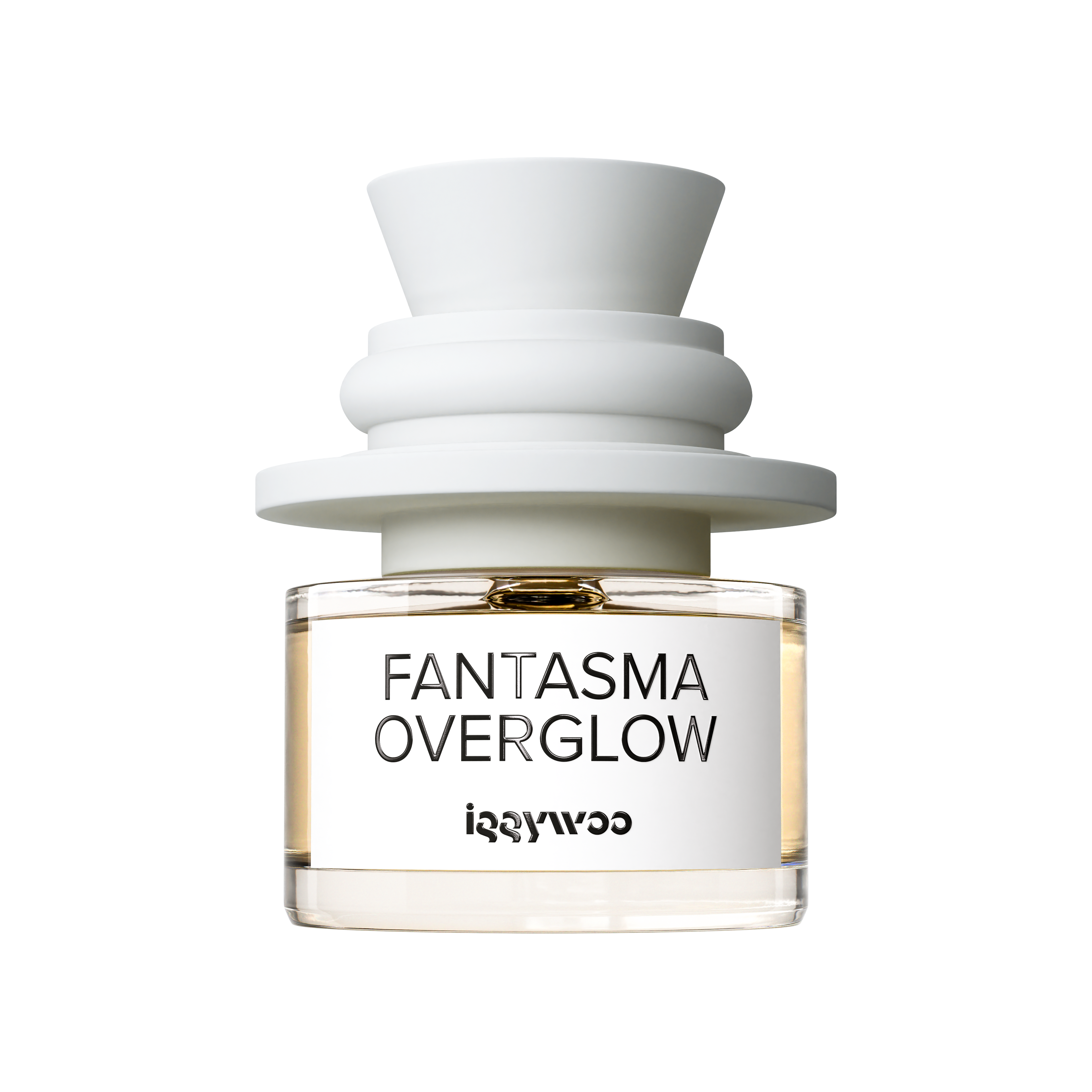 A clear glass perfume bottle with pale amber liquid, a white label reading 'FANTASMA OVERGLOW' and 'iggywoo', and a sculptural matte white cap, centered on a black background.
