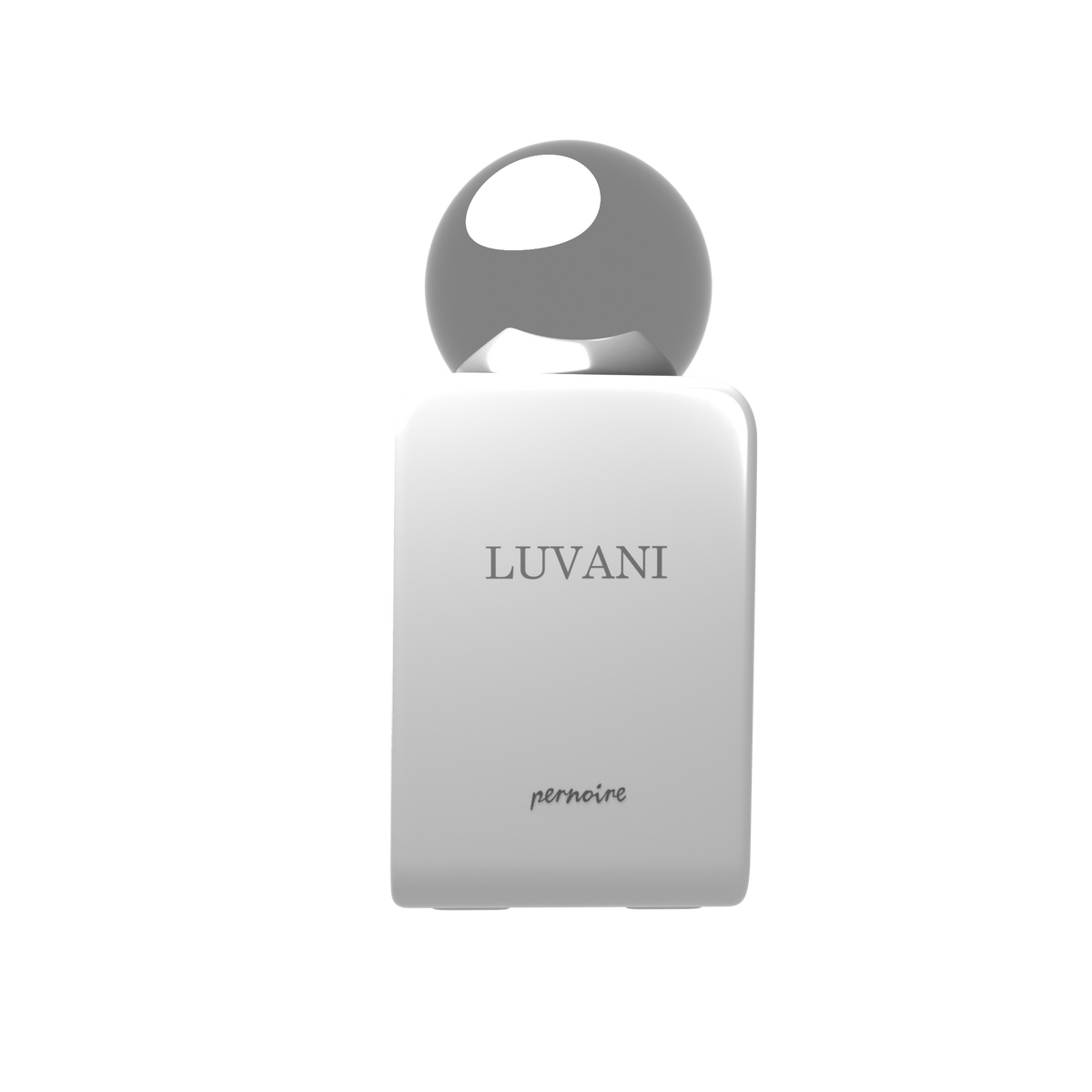 A white rectangular perfume bottle with a rounded gray cap, featuring the scent name 'LUVANI' and the brand name 'pernoire' printed on the front, set against a solid white background.