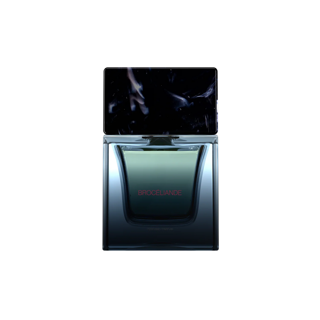 Black and green perfume bottle with 'Broceliande' branding on a white background