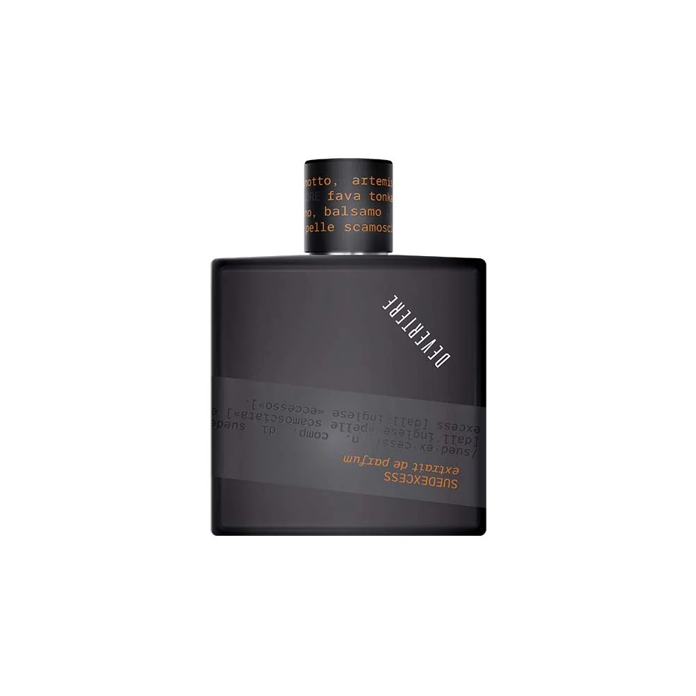 A Black rectangular perfume bottle with a matching dark cap, featuring white and gold text that says Devertere and Suedexcess.
