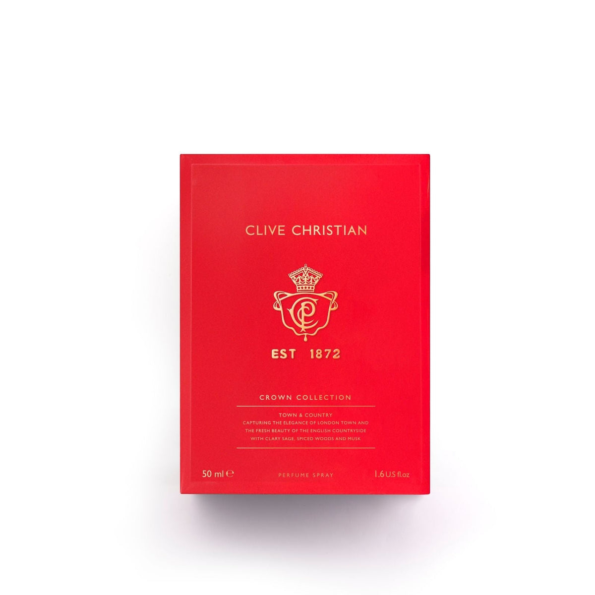 A red rectangular box for Clive Christian Crown Collection, featuring a gold crest and text, centered on a white background with a soft shadow.